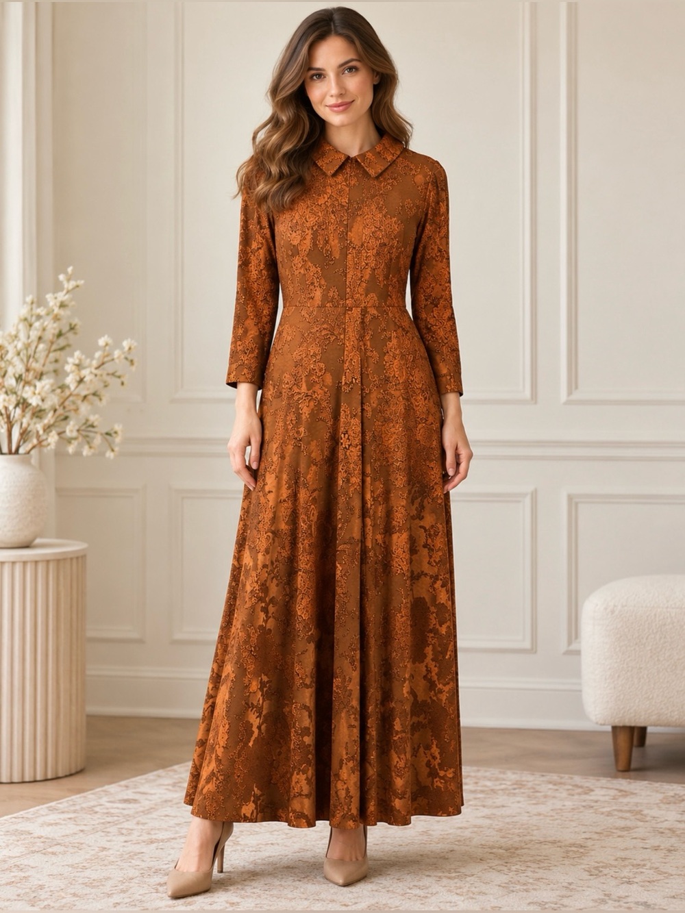 Jet Brown Copper Paisley Long Sleeve Maxi Dress Size 46 (M)